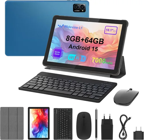 Tableta Android 14 de 10 pulgadas: Octa-Core, 8 GB de RAM 64 GB, 7000 mAh, con estuche con soporte, pantalla IPS HD, Wi-Fi 6, OTG, cuerpo de metal -