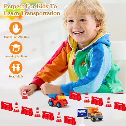 Miniatura 6 de Kisangel Juego de mini conos de tráfico con señales de tráfico y barreras de seguridad, 72 piezas de construcción educativa para niños, juego de rol
