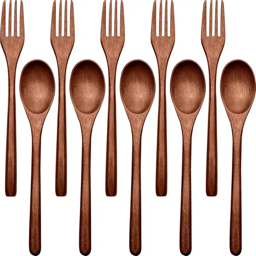 Patelai Juego de cucharas de madera, tenedores, utensilios de madera para comer de madera, vajilla reutilizable hecha a mano, cubiertos naturales