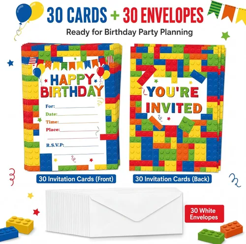 Miniatura 6 de Nezyo Paquete de 30 invitaciones para fiesta de cumpleaños de niños, suministros de fiesta de niños, regalos de ladrillos apilables, juego