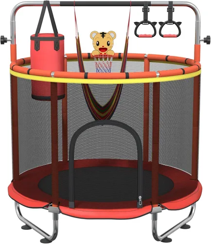 Miniatura 9 de Trampolín infantil de 60 pulgadas para niños de 2 a 4 años, mini trampolín de 5 pies para interiores con pelota de baloncesto, barra de gimnasia