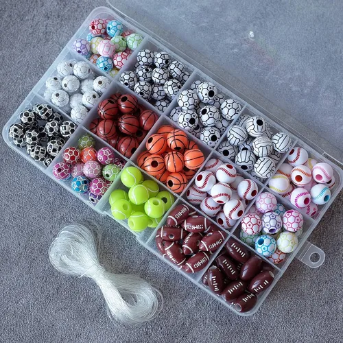 Miniatura 2 de 15 estilos de cuentas deportivas para fútbol, béisbol, baloncesto, tenis, voleibol, fútbol americano con 1 rollo de cuerda elástica y una caja