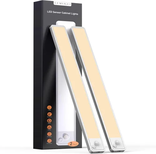 Paquete de 2 luces LED inalámbricas para debajo del gabinete, sensor de movimiento, luz magnética de 10 pulgadas, 2200 mAAh, luces recargables de