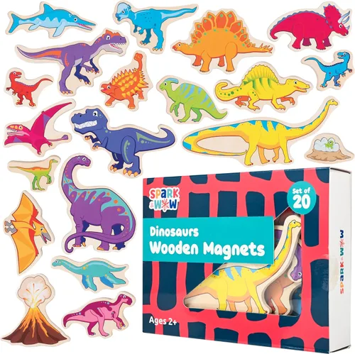 Imanes de madera Spark & Wow | Dinosaurios | Imanes para niños de 2 años en adelante | Juego de imaginación abierta | Se adhieren a neveras,