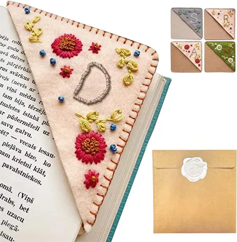 Miniatura 60 de Marcapáginas de esquina bordado a mano personalizado, 26 letras con costura a mano de fieltro, marcapáginas de esquina con bordado de flores lindo