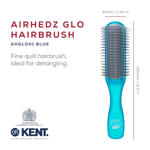 Miniatura 2 de Kent AHGLO01 Airhedz Glo Blue Cepillo de pelo desenredante estrecho medio redondo – 9 filas iónico antiestático no rayado largo cerdas de nailon