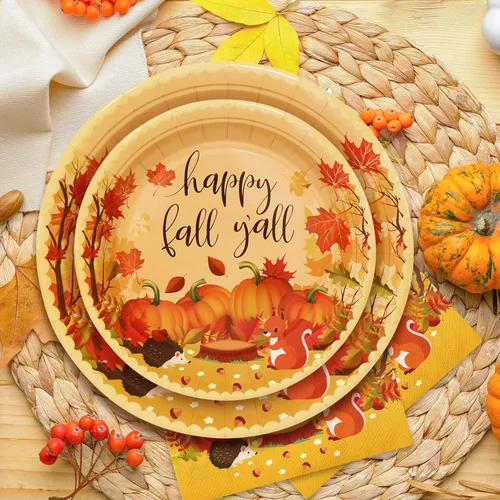 Miniatura 6 de Whaline Juego de vajilla de otoño de 100 piezas para 25 invitados, juego de vajilla desechable de calabaza colorida con hojas de otoño, platos