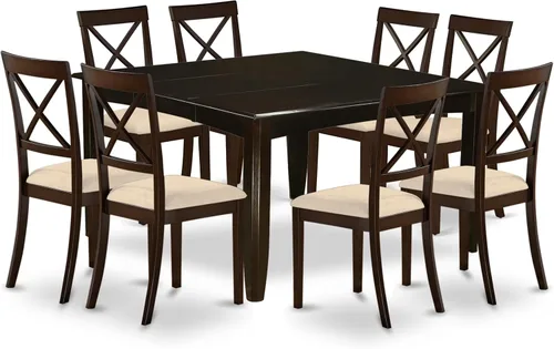East West Furniture PFBO9-CAP-C - Juego de mesa de comedor de 9 piezas, incluye una mesa cuadrada de madera con hoja de mariposa y 8 sillas de tela