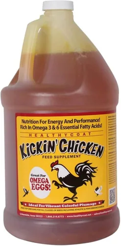 Healthy Coat Suplemento de alimentación para pollos Kickin': Galón. Plumaje, piel, muda, huevo, sistema inmunológico, energía
