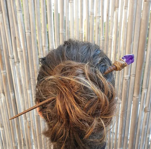 Miniatura 2 de Barra de pelo natural de piedra preciosa curativa de cuarzo ahumado con madera tallada a mano, regalos hechos a mano, estilo bohemio, reiki