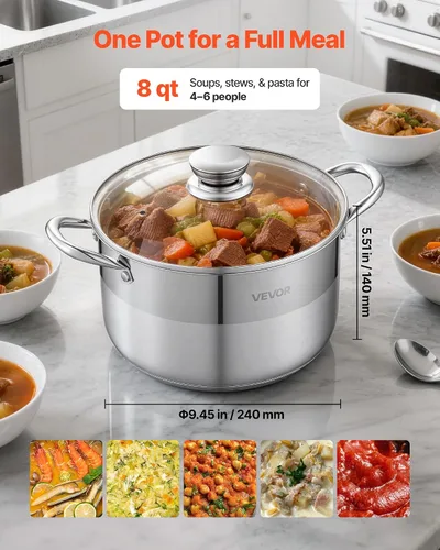 Miniatura 5 de VEVOR Olla de acero inoxidable, olla de acero inoxidable de 8 cuartos con tapa de vidrio, sin PFOA, sin PFAS, compatible con estufas de gas, cocinas