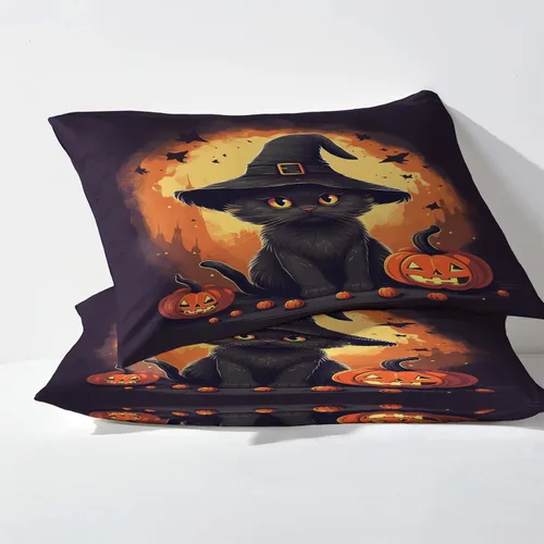 Miniatura 3 de Sábanas de Halloween tamaño individual, sábanas de calabaza de gato negro, juego de sábanas y fundas de almohada de 3 piezas, sábana bajera