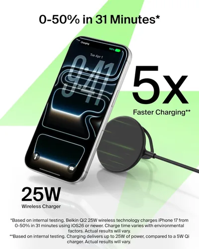 Miniatura 3 de Belkin Cargador MagSafe, cargador magnético para iPhone con Qi2 25W, almohadilla de carga inalámbrica rápida con soporte para iPhone 17 Series, Negro