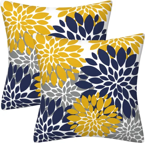 Miniatura 20 de Juego de 2 fundas de almohada decorativas de dalia azul marino, rojo, gris, dalia floral, para interiores y exteriores, funda de almohada