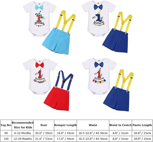 Miniatura 7 de Conjunto de traje de banderín para el primer cumpleaños de bebé niño, pajarita, pantalones cortos, tirantes en la espalda en Y, sesiones de fotos