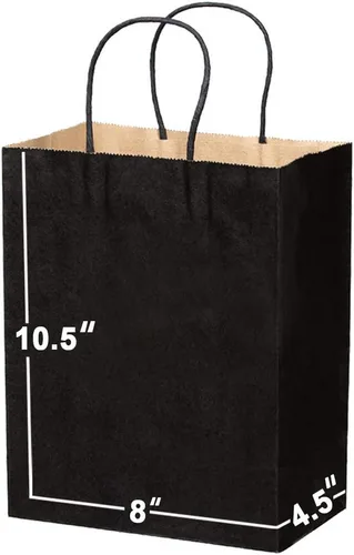 Bolsas de papel negro con asas a granel de 8 x 4.5 x 10.5 pulgadas [50 bolsas]. Ideal para compras, embalaje, venta al por menor, fiesta,
