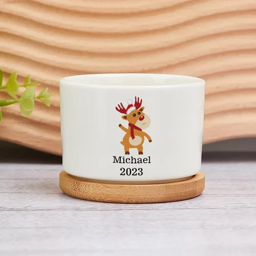 Maceta de Navidad personalizada con nombre de bebé, macetas divertidas de ciervos de Navidad, maceta de cerámica para suculentas con bandeja de