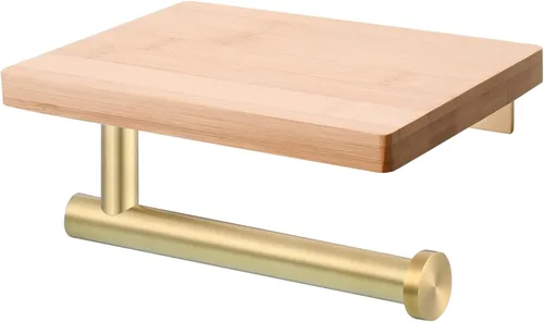 Miniatura 10 de Tecmolog Soporte de rollo de papel de acero inoxidable Soporte de pared para papel higiénico con estante de almacenamiento de madera, níquel Níquel