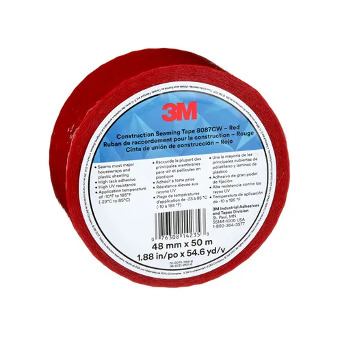 3M Cinta de Costura para Construcción 8087CW, 1 Rollo, Roja, 48 mm x 50 m, Cinta de Revestimiento para Costura, Empalme, Sellado y Reparación de