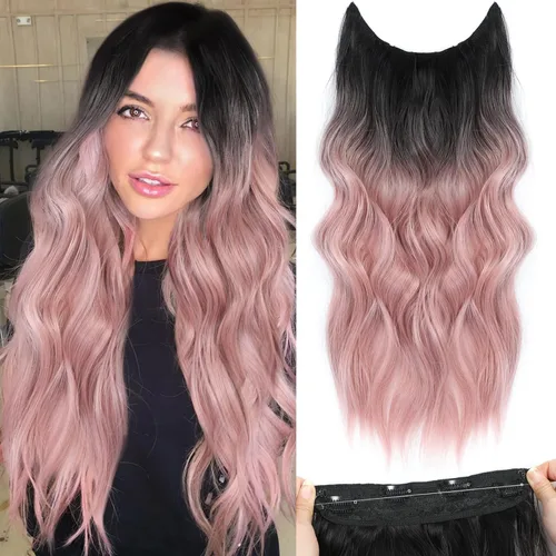 Miniatura 31 de Extensiones de cabello con halo de 12 pulgadas con alambre invisible, cabello largo ondulado ajustable, sintético, mejora con 4 clips de seguridad