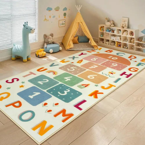 Miniatura 2 de STARUIA Alfombra de Rayuela Lavable para Niños para Sala de Juegos, Alfombras Educativas Coloridas para Aula con Números ABC, Alfombra