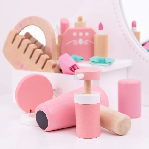 Miniatura 6 de Bigjigs Toys Estuche de madera para niños, kit de tocador de 11 piezas y accesorios con bolsa de transporte de lunares rosados, juguete ideal