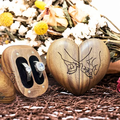 Miniatura 2 de Caja de madera para anillos para ceremonia de boda, caja de anillo en forma de corazón, caja de madera maciza con doble anillo, caja de anillo