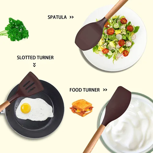 Miniatura 3 de MIBOTE Juego de utensilios de cocina de silicona con soporte, mangos de madera, pinzas para voltear, espátula, cuchara, utensilios de cocina