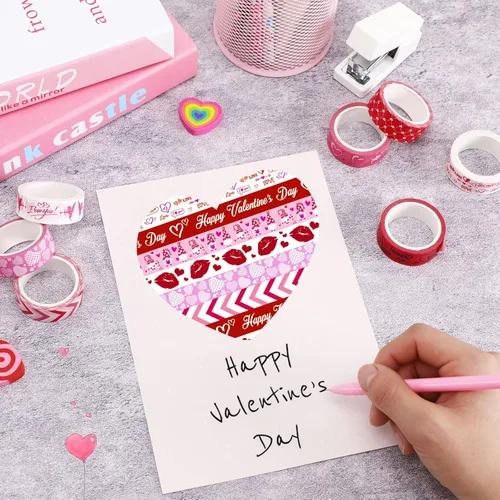 Miniatura 6 de SANNIX 12 rollos de cinta Washi para el día de San Valentín 15mm rojo y rosa cinta adhesiva de amor para San Valentín, cintas de carrocería