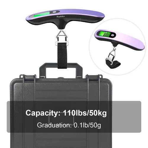 Miniatura 4 de Raabiko Báscula digital de equipaje (paquete de 2), báscula digital de equipaje de mano con capacidad de 110 libras, batería incluida, lavanda