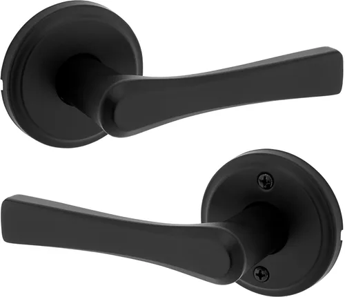 Kwikset Katella - Manija de puerta de paso interior, palanca para puertas de armario y pasillo, manija reversible sin bloqueo, color negro mate, con