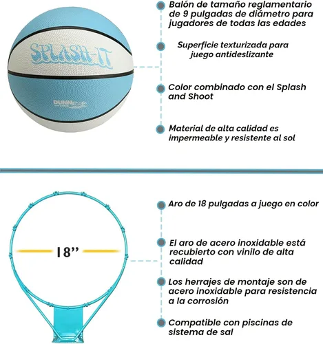 Miniatura 10 de Dunn-Rite Splash & Shoot, aro de baloncesto ajustable para piscina al aire libre con altura variable, pelota, base y borde de acero inoxidable de 18