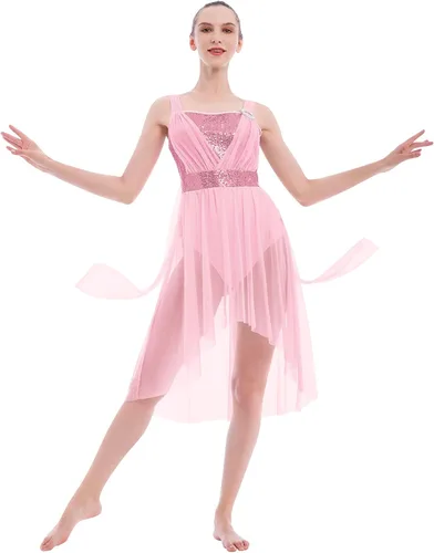 IBAKOM Disfraces de baile lírico para mujer, vestido de baile contemporáneo con lentejuelas brillantes, vestido de baile fluido de gasa