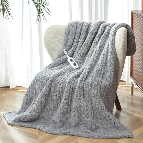Manta térmica de sherpa de doble cara, manta eléctrica de calefacción suave para cama, sistema de seguridad automático, 6 niveles de calefacción y 4