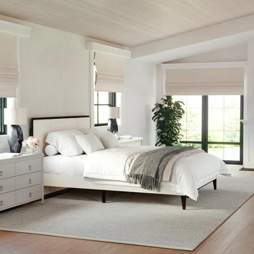 Miniatura 6 de Martha Stewart Jett - Cama de plataforma con cabecero, cabecera y base tapizada de tela, marco de madera maciza, no necesita somier, tamaño Queen