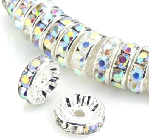 Miniatura 10 de 100 cuentas sueltas de diamantes de imitación de cristal de grado A de 0.472 pulgadas (cristal transparente), espaciador chapado en plata de ley