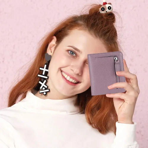Miniatura 6 de Funtor Cartera de cuero para mujer, pequeña y compacta, con bolsillo doble, bloqueo RFID, para mujer