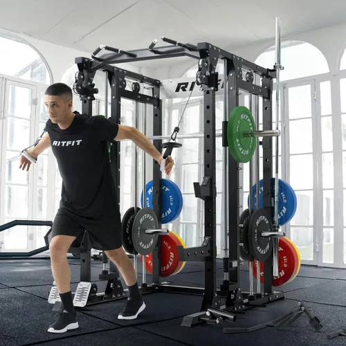 Miniatura 7 de RitFit Máquina Buffalo Smith, jaula eléctrica con sistema LAT-Pull Down y sistema de cruce de cables, estante de sentadillas todo en uno