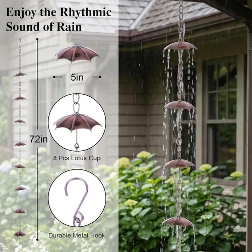 Miniatura 2 de Topadorn Cadena de lluvia para paraguas, canalón de metal decorativo de 72 pulgadas, desviador de agua resistente a la intemperie para jardín al