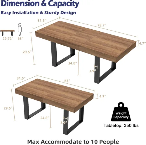 Miniatura 2 de STHOUYN Mesa de comedor extensible de 63 a 79 pulgadas, moderna mesa de cocina de madera de granja, mesa de comedor larga expandible para 6, 8 y 10