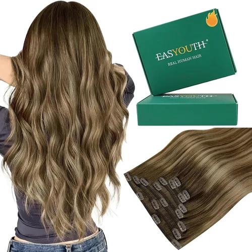 Easyouth Extensiones de cabello humano con clip, color marrón medio que se desvanece a rubio caramelo, extensiones de cabello humano real con clip,