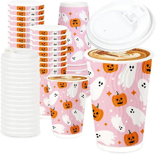 Miniatura 14 de JarThenaAMCS 100 tazas de café desechables de otoño con tapas, taza de papel de calabaza rosa naranja de 16 onzas, taza de papel de calabaza