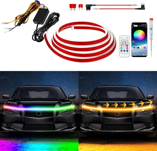 Miniatura 9 de Tira de luz LED para capó exterior del coche, kit de haz de arranque de escaneo dinámico de doble color, luces de circulación diurna LED blancas