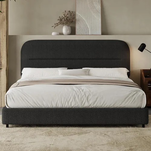 Miniatura 14 de HOMBCK - Base de cama tapizada de tejido bouclé con cabecera suave con diseño de esquinas redondeadas, listones de madera, no requiere somier, fácil