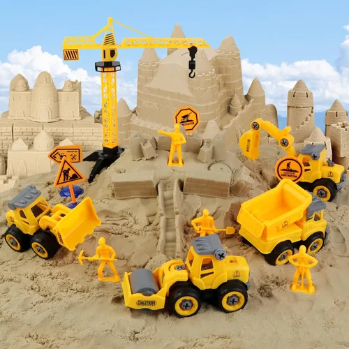 Miniatura 7 de Kit de construcción de arena, caja de arena, arena mágica de 2.2 libras con 4 camiones de construcción desmontables, grúa torre, 8 moldes de arena