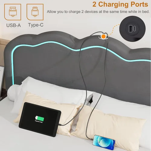 Miniatura 4 de VECELO Base de cama tapizada tamaño Queen con cabecero ajustable, luces LED, USB-A y tipo C, plataforma de terciopelo sin ruido, base de colchón
