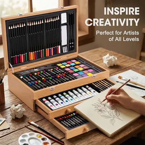 Miniatura 6 de Juego de 175 piezas de arte de madera de lujo con 2 almohadillas de dibujo, pinturas acrílicas, lápices de colores, lápices de colores, pincel, kit