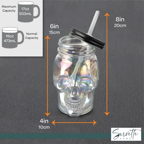 Miniatura 4 de Servette Home Vaso de 18 onzas con popote reutilizable y tapa a prueba de fugas, vaso de calavera de cristal, iridiscente