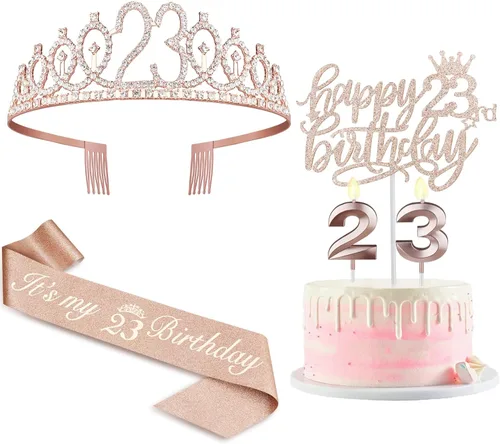 Miniatura 26 de Decoraciones de cumpleaños de 24 años para mujeres, incluyendo banda de cumpleaños, tiara/corona, velas numéricas y decoración de pastel, regalos