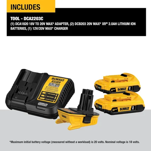 Miniatura 2 de Juego de adaptador de batería DeWALT, DCA2203C, de 20 voltios, para herramientas de 18 voltios, sierra sable